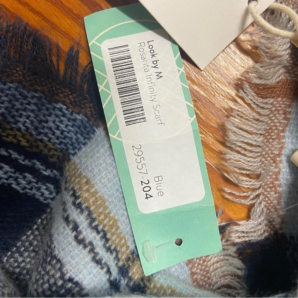 Look by M Rosarita Infinity Scarf OS Navy Cream Tan Plaid  Wool Blend Fall NWT